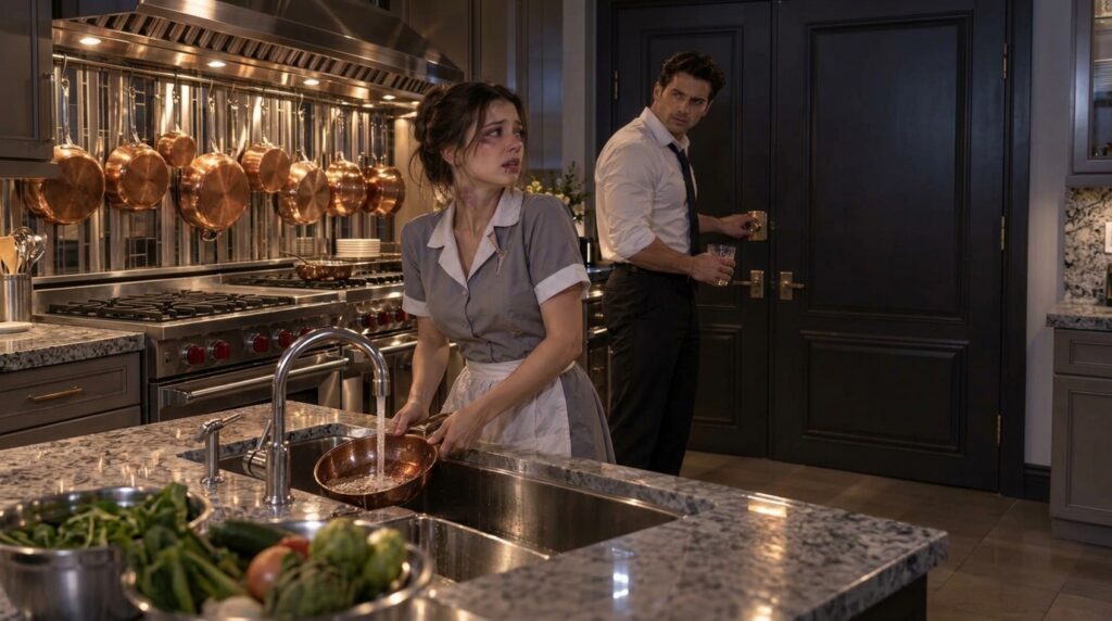 A distressed woman in a maid s uniform with visible bruises on her face and neck washing a pan at a kitchen sink In the 