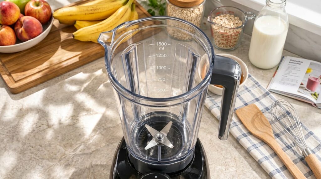 An empty clear blender jar on a light kitchen countertop with ripe bananas a jar of oats and a glass of plant-based milk