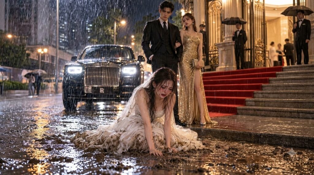 A woman in a muddy wedding dress kneels crying in heavy rain at night Behind her a solemn man in a suit stands next to a