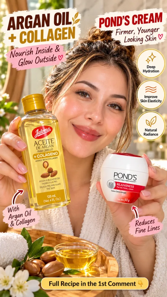 A smiling woman in a fluffy robe holds a bottle of argan oil and a jar of Pond s cream A wooden tray with argan nuts a b