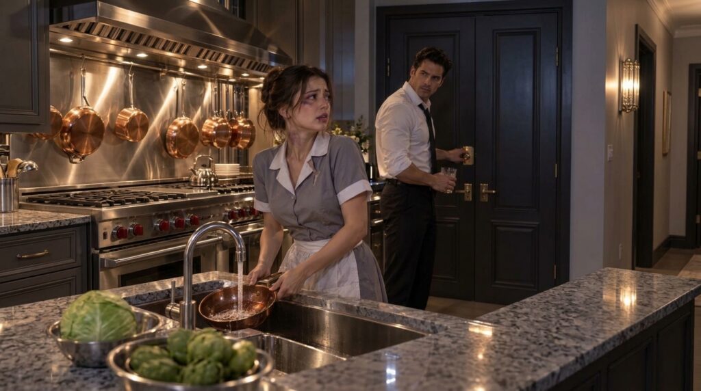 A distressed maid with bruises and a torn uniform washes a pan in a luxurious kitchen sink while a stern man in a suit w