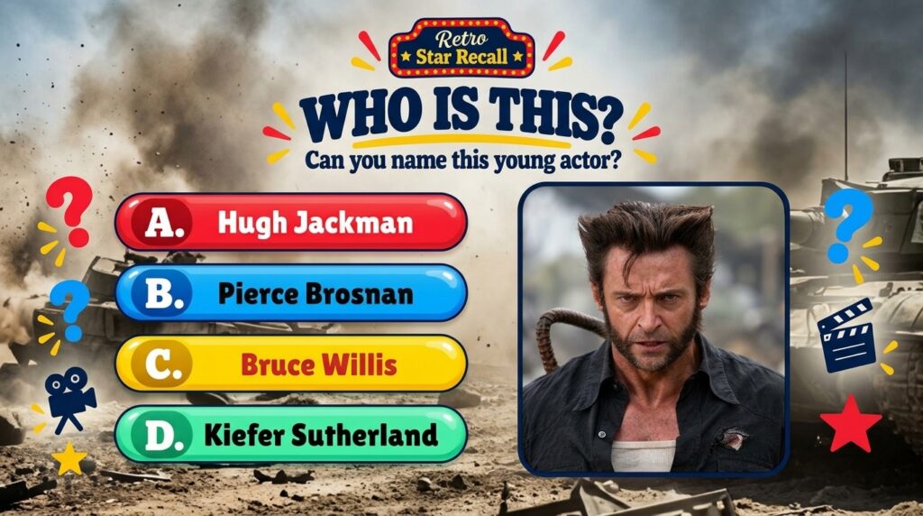 Hugh Jackman as Wolverine looking intense with prominent hair and stubble framed within a retro-style quiz card with que
