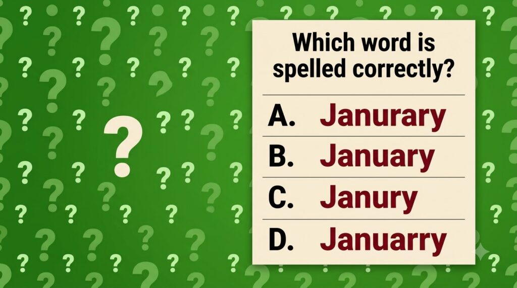A quiz card on a green background asking Which word is spelled correctly with four options for January