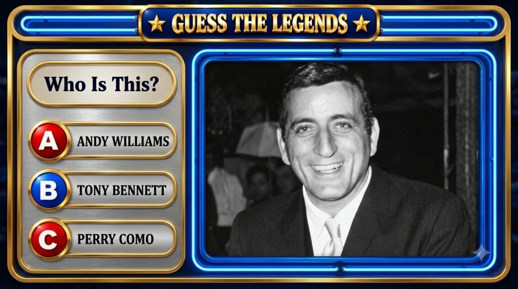 A retro-style quiz game card titled Guess the Legends featuring a black and white portrait of a smiling man framed with