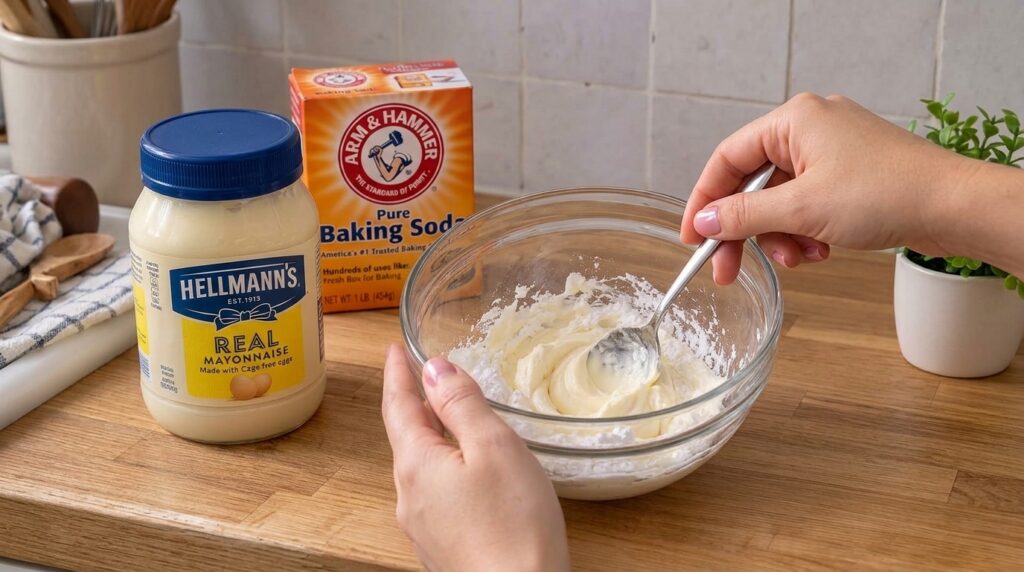 Hands gently mixing simple ingredients in a glass bowl with a spoon on a wooden countertop representing the act of prepa