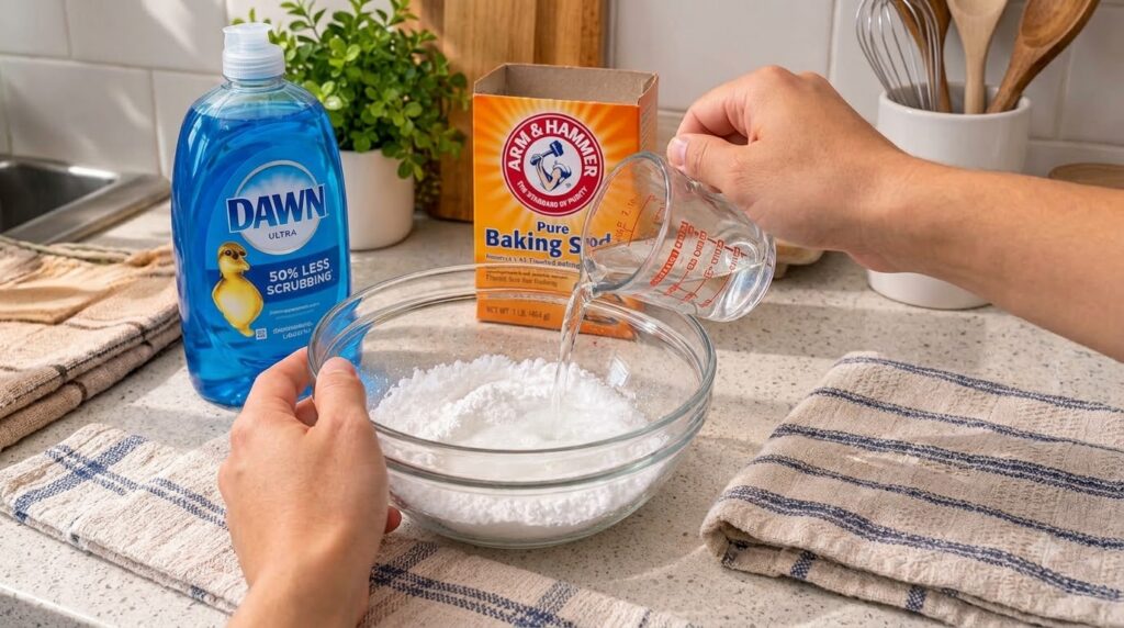 Hands pouring water from a measuring cup into a glass bowl with white powder like baking soda on a speckled countertop B