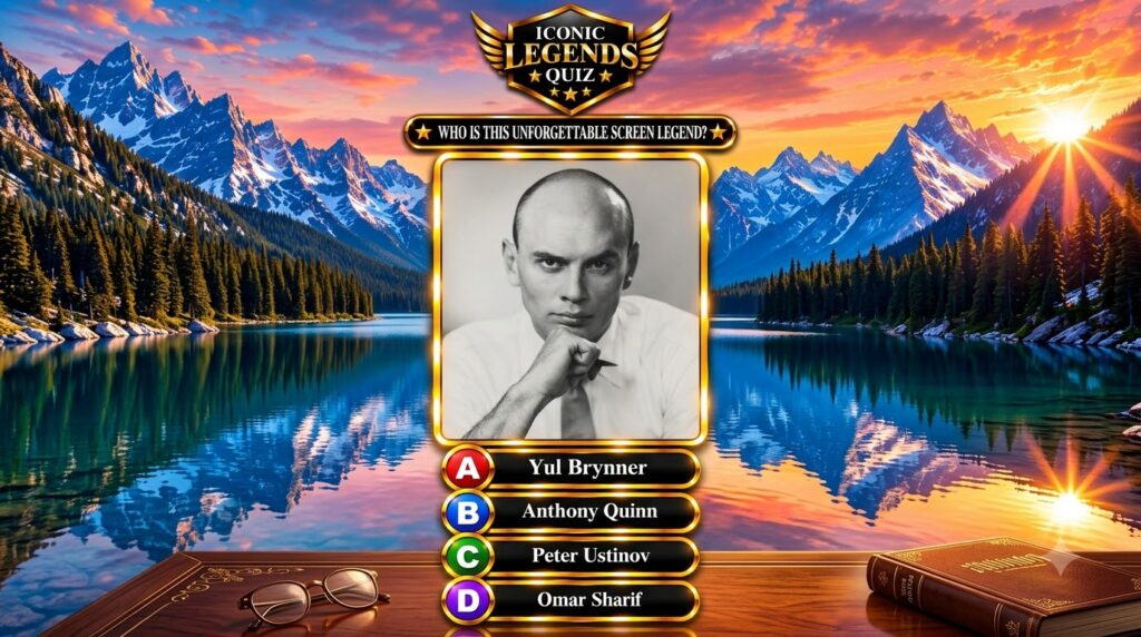 Quiz poster with Yul Brynner s portrait in a golden frame against a sunset mountain landscape featuring quiz elements
