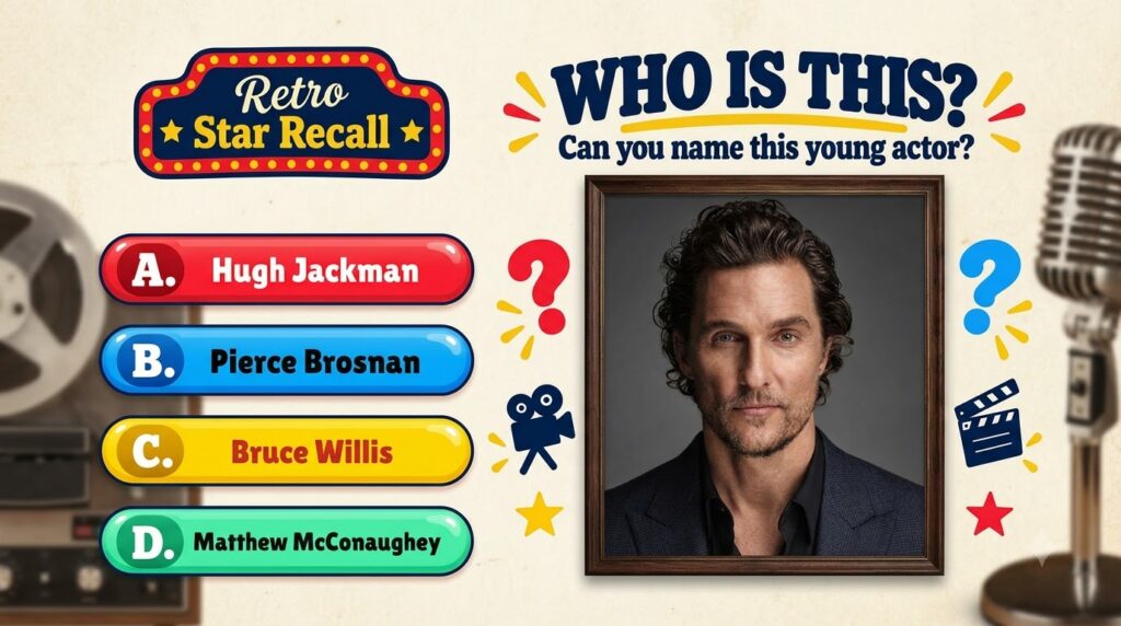 A retro-themed trivia game screen featuring a young Matthew McConaughey s headshot with the question WHO IS THIS Can you