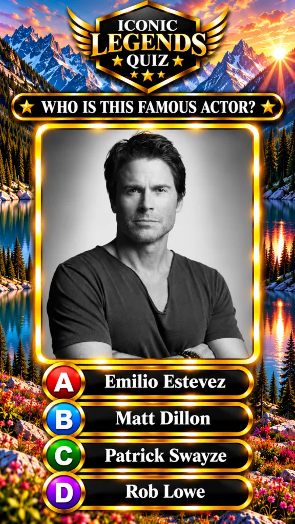 Black and white portrait of actor Rob Lowe in an ornate golden frame part of an Iconic Legends Quiz graphic