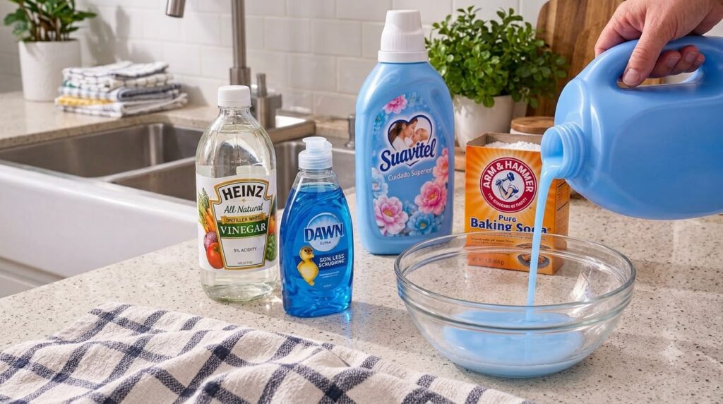 A hand pouring a light blue liquid into a clear glass bowl surrounded by bottles of white vinegar dish soap fabric softe