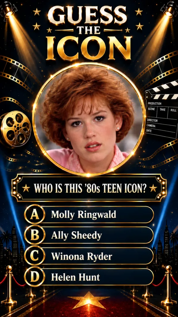 A vibrant cinematic quiz screen titled GUESS THE ICON featuring a central portrait of Molly Ringwald within a golden cir