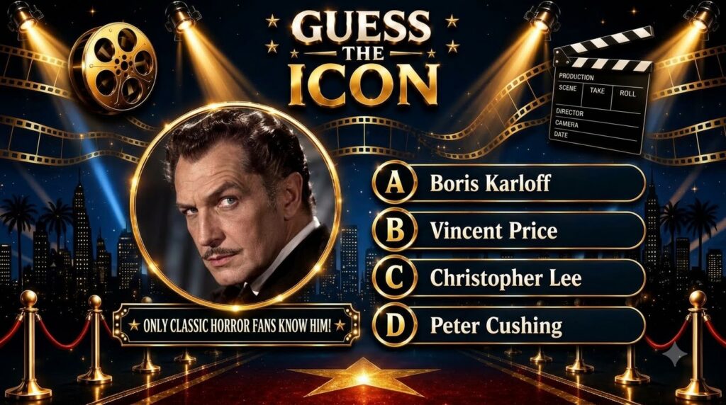 A quiz poster featuring a stern-looking headshot of Vincent Price in a golden circular frame surrounded by cinematic ele