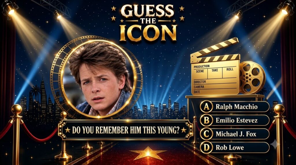 A movie-themed quiz titled GUESS THE ICON featuring a young Michael J Fox in a central circular frame surrounded by cine
