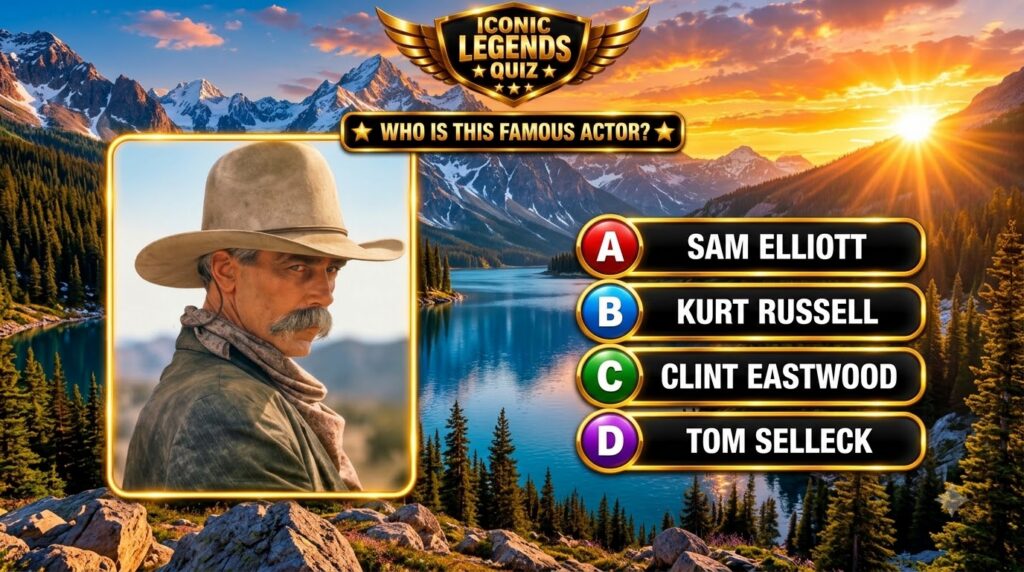 A quiz interface featuring a portrait of Sam Elliott in a cowboy hat and scarf against a mountain lake sunset backdrop w