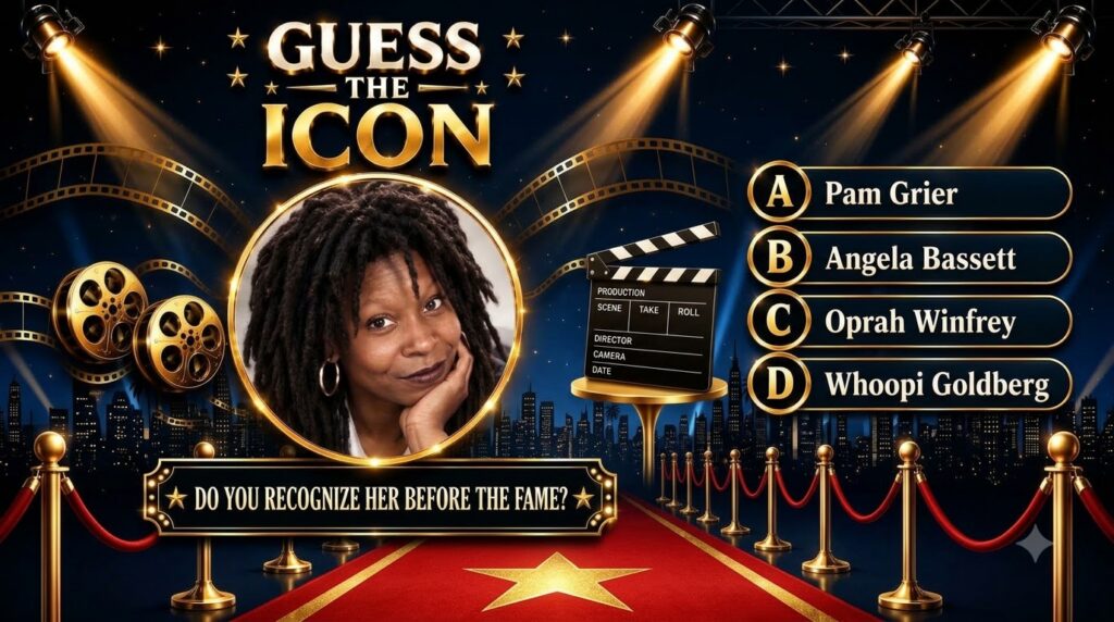 A Guess the Icon quiz image featuring a central portrait of Whoopi Goldberg in a circular gold frame against a dark blue