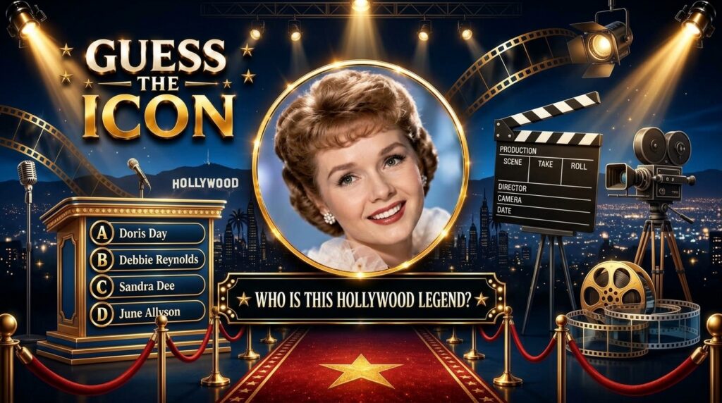 A vertical quiz poster featuring a central portrait of actress Debbie Reynolds with golden text and cinematic elements