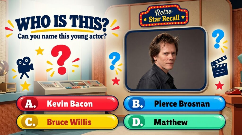 A retro-themed quiz image featuring a young Kevin Bacon asking WHO IS THIS Can you name this young actor with quiz graph