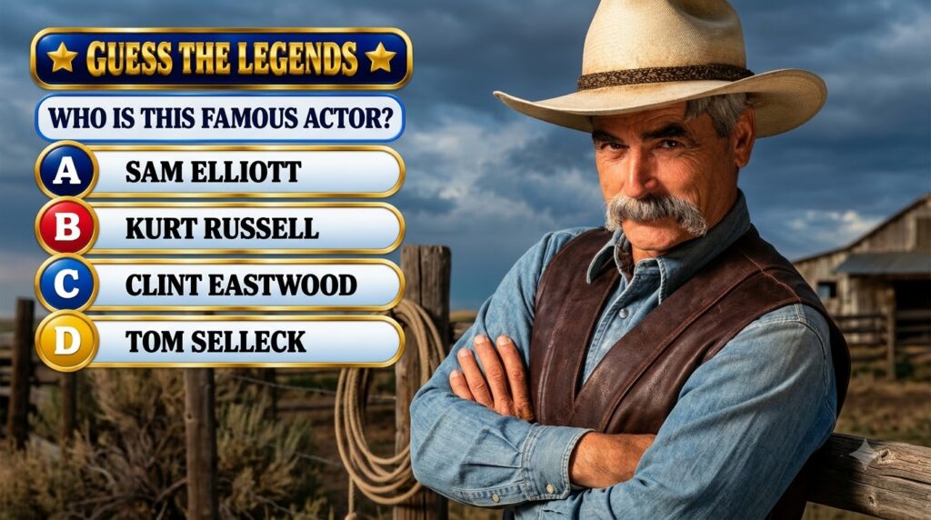 A trivia game screen featuring a portrait of actor Sam Elliott in a cowboy hat and denim shirt against cloudy skies with