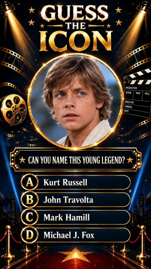 A Guess the Icon quiz graphic featuring a central portrait of young Mark Hamill surrounded by film-themed elements like 