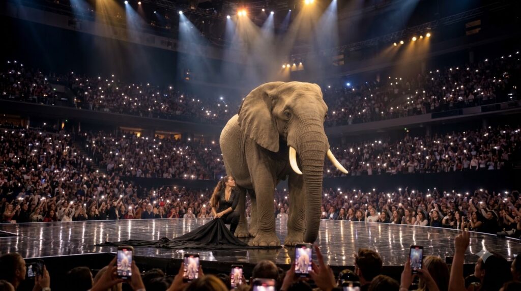 A large elephant stands center stage under dramatic spotlights with a woman in dark attire crouched beside its front leg