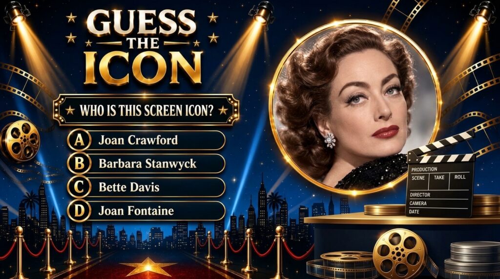 A vintage-style quiz poster featuring a circular portrait of Joan Crawford framed by golden elements spotlights and film