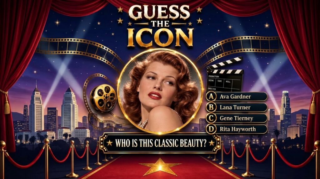 A glamorous portrait of classic Hollywood actress Rita Hayworth in a golden circular frame set against a starry dark bac