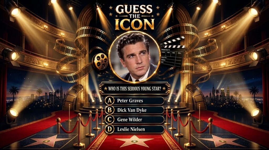 A vertical quiz poster titled Guess the Icon featuring a central circular portrait of a young Peter Graves looking serio