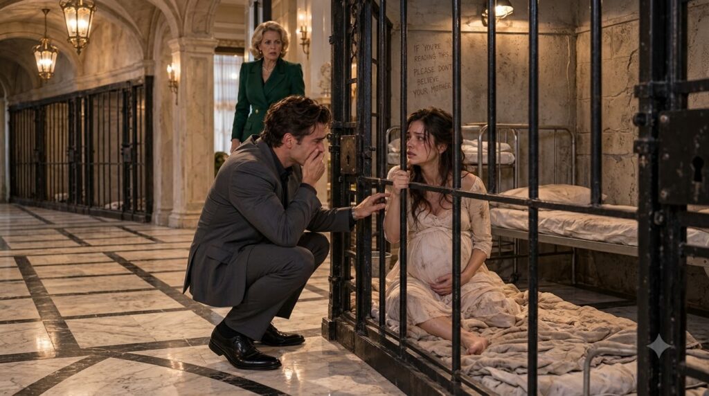 A man in a dark suit crouches in anguish peering through cell bars at his pregnant distressed wife inside In the opulent