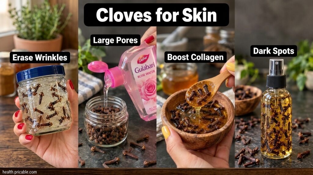 A collage showing four different DIY clove-based skincare remedies clove gel for wrinkles cloves with rose water for por