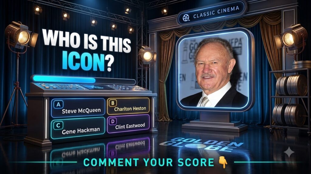 A Classic Cinema quiz interface asking WHO IS THIS ICON with a portrait of Gene Hackman and multiple-choice options set 