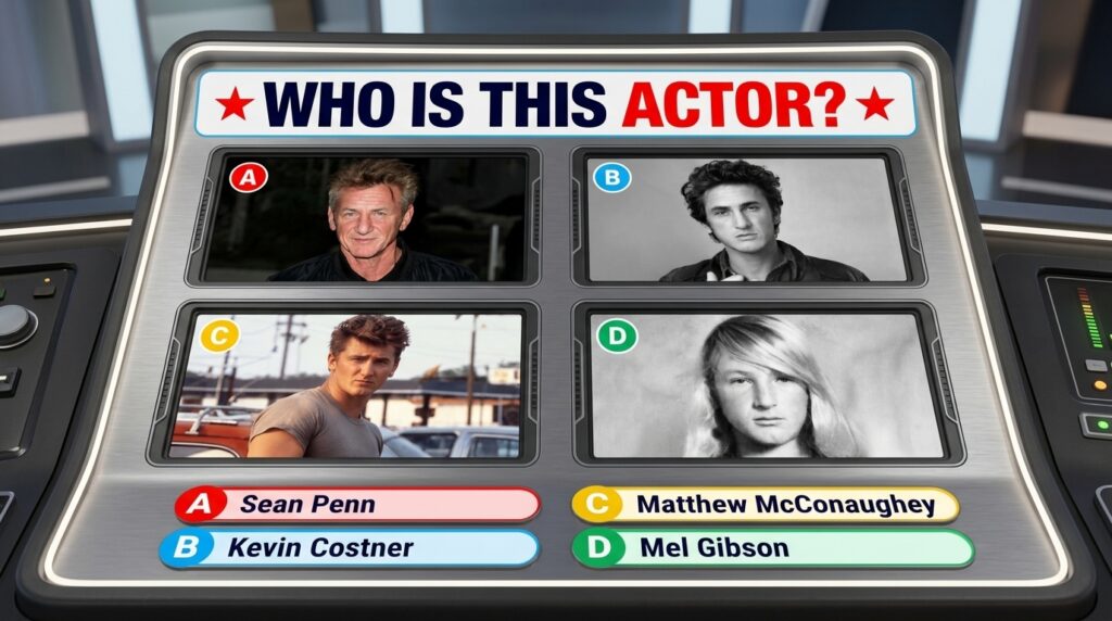 A multiple-choice quiz image asking WHO IS THIS ACTOR with four portrait photos of Sean Penn at different ages labeled A