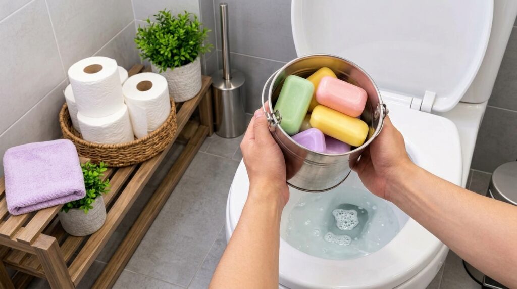 A pair of hands holding a metal bucket filled with colorful bar soaps over an open toilet bowl with a modern bathroom in