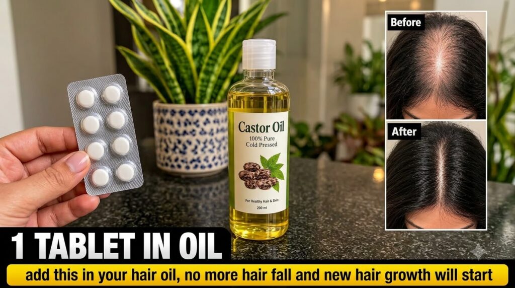 A bottle of castor oil a hand holding a blister pack of white tablets and Before and After comparison images of a scalp 