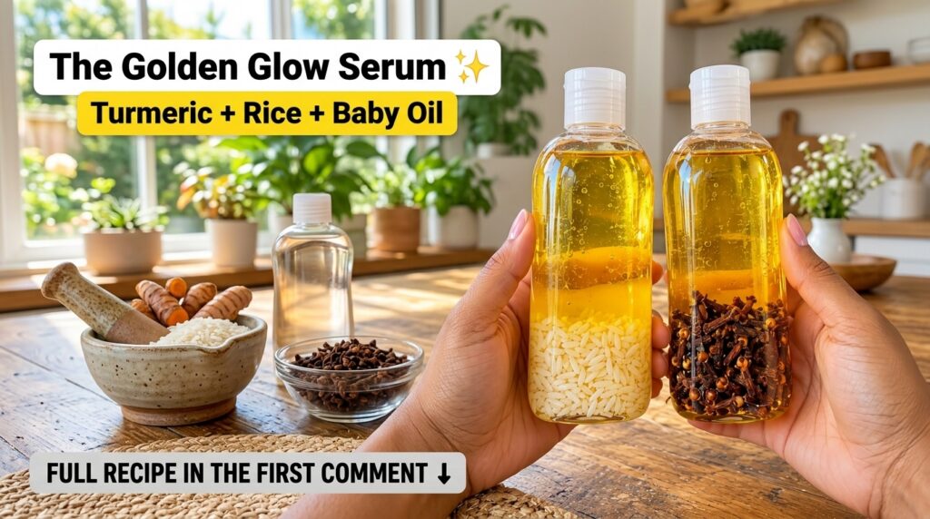 Two clear bottles held by hands filled with a golden liquid The left bottle contains rice grains and the right contains 