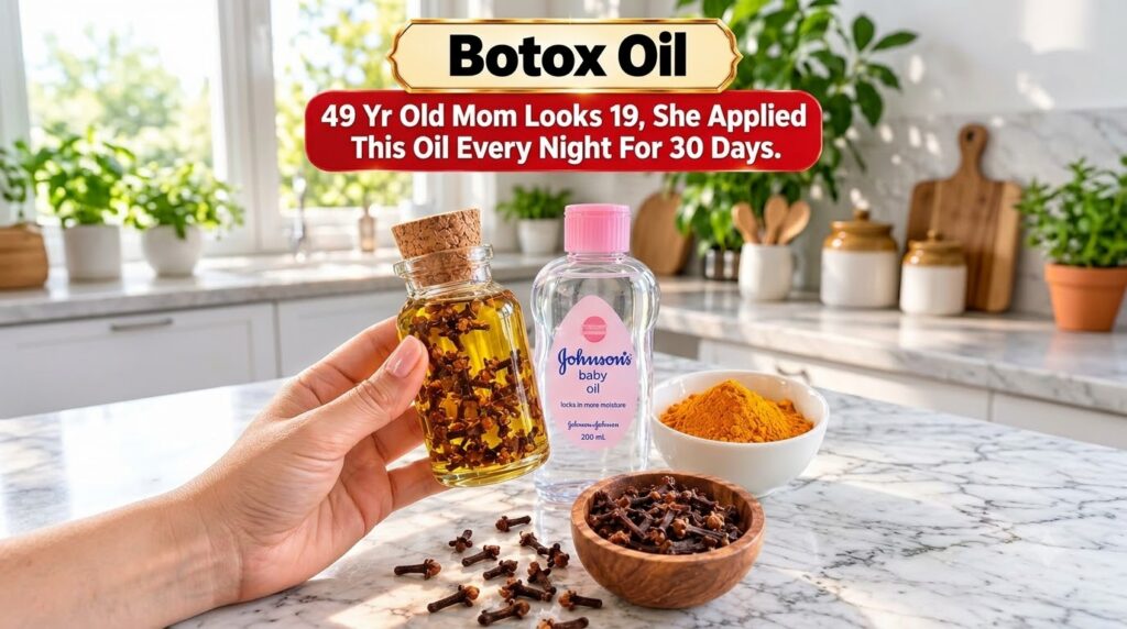 A hand holding a small glass bottle filled with clove-infused oil next to a bottle of baby oil a bowl of turmeric powder