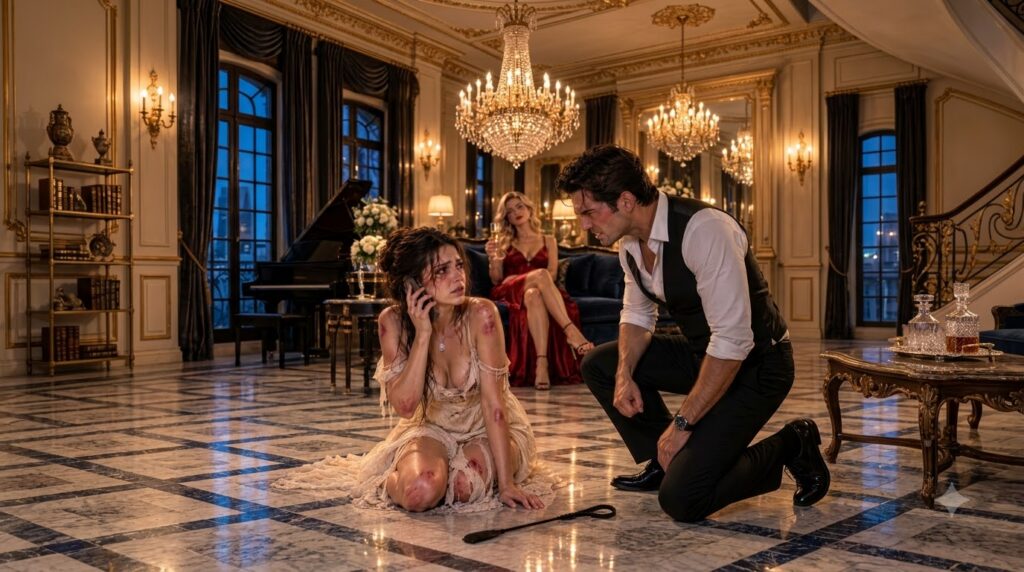 A distressed bruised woman kneels on a luxurious marble floor crying into a phone A man with a concerned expression crou