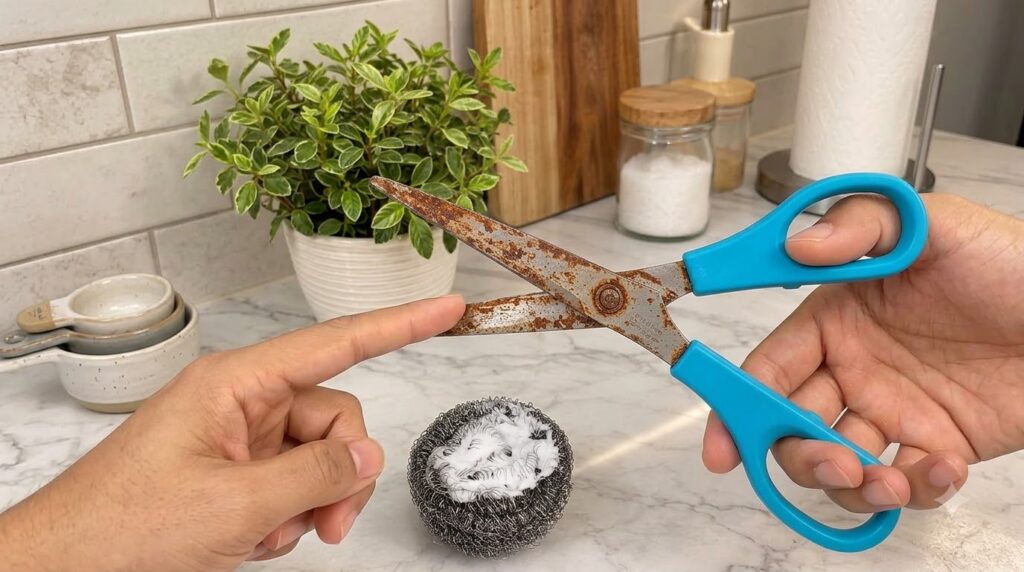 Close-up of rusty scissors being cleaned with steel wool and white foam finger pointing at the scrubber