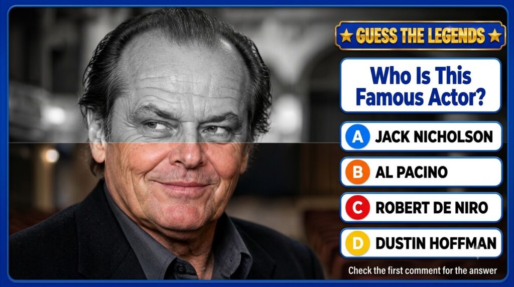 A social media quiz card featuring a split portrait of Jack Nicholson with the top half in black and white and the botto