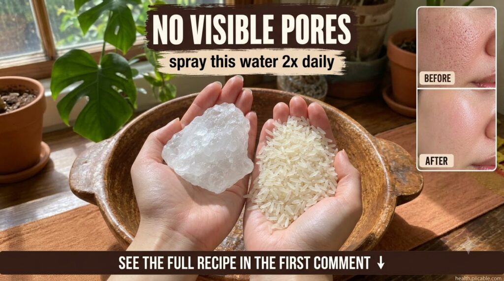 A close-up of a hand holding uncooked white rice grains and a small translucent alum crystal over a rustic wooden bowl w