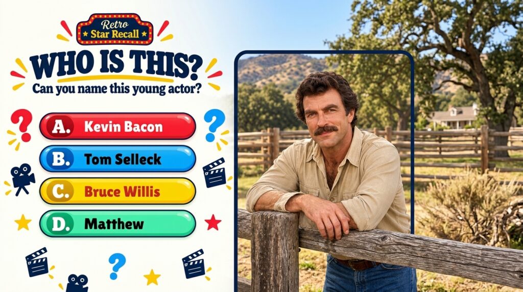 A retro-themed quiz graphic with the title Retro Star Recall WHO IS THIS featuring a portrait of a young Tom Selleck wit