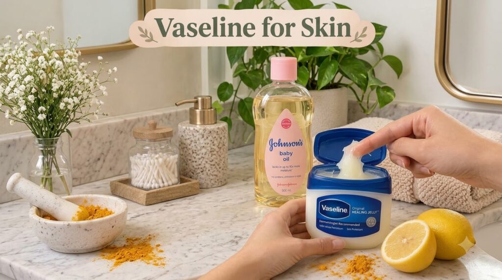 Hands scooping Vaseline from a tub with a baby oil bottle sliced lemons and turmeric powder on a clean marble counter