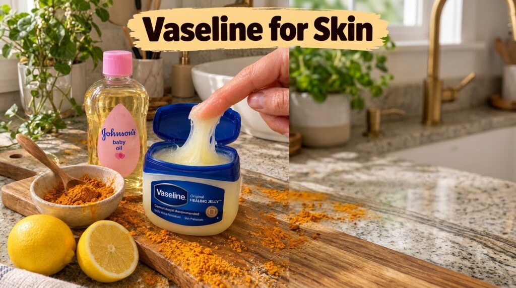 A still life arrangement of skin care ingredients a finger pulling Vaseline from its jar a bottle of Johnson s baby oil 