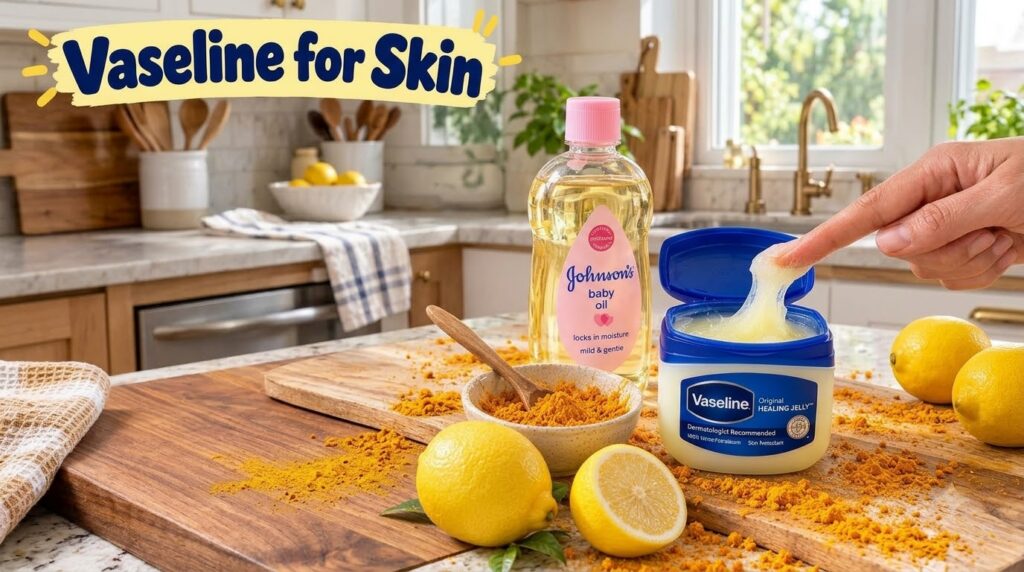 A still life arrangement of skincare products and natural ingredients on a wooden board featuring Vaseline Original Heal