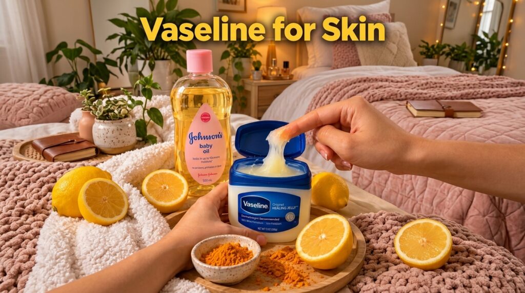 A close-up flat lay of skincare products and natural ingredients including Vaseline baby oil halved lemons and turmeric 