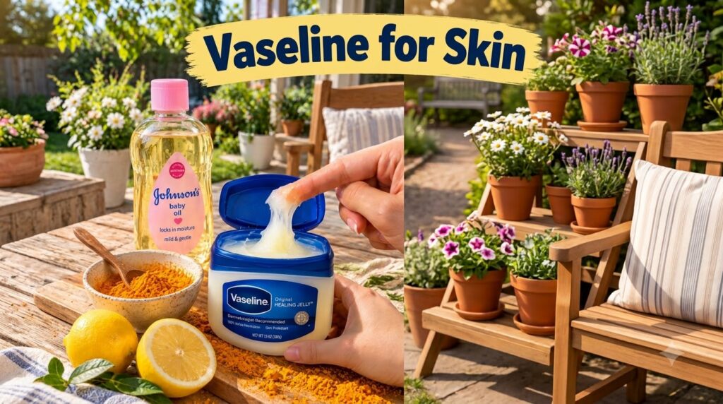 A collection of natural skincare ingredients Vaseline baby oil turmeric powder and fresh lemons arranged on a wooden sur