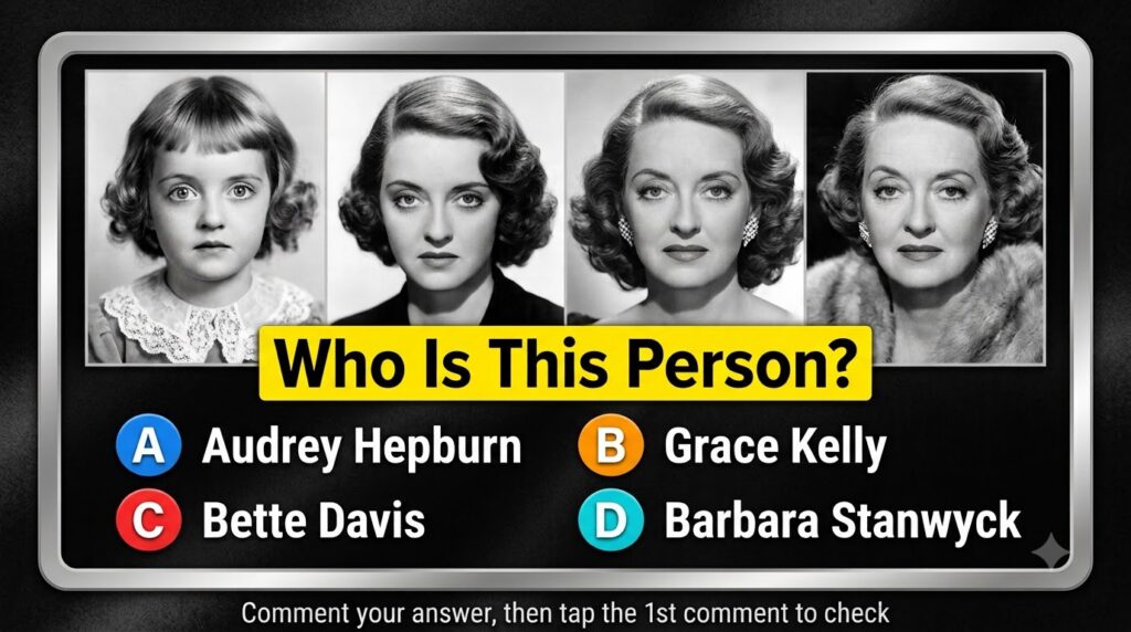 A composite image showing four black and white portraits of Bette Davis at different ages as a baby a young woman a matu