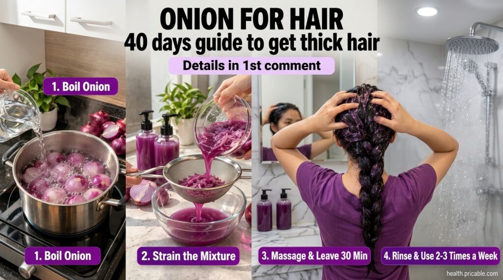 A four-panel instructional guide showing the steps for making an onion hair rinse boiling onions straining the liquid ma
