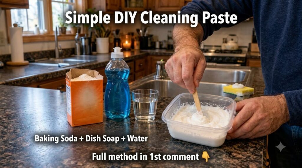 Hands mixing a thick white paste in a clear container with a wooden stick