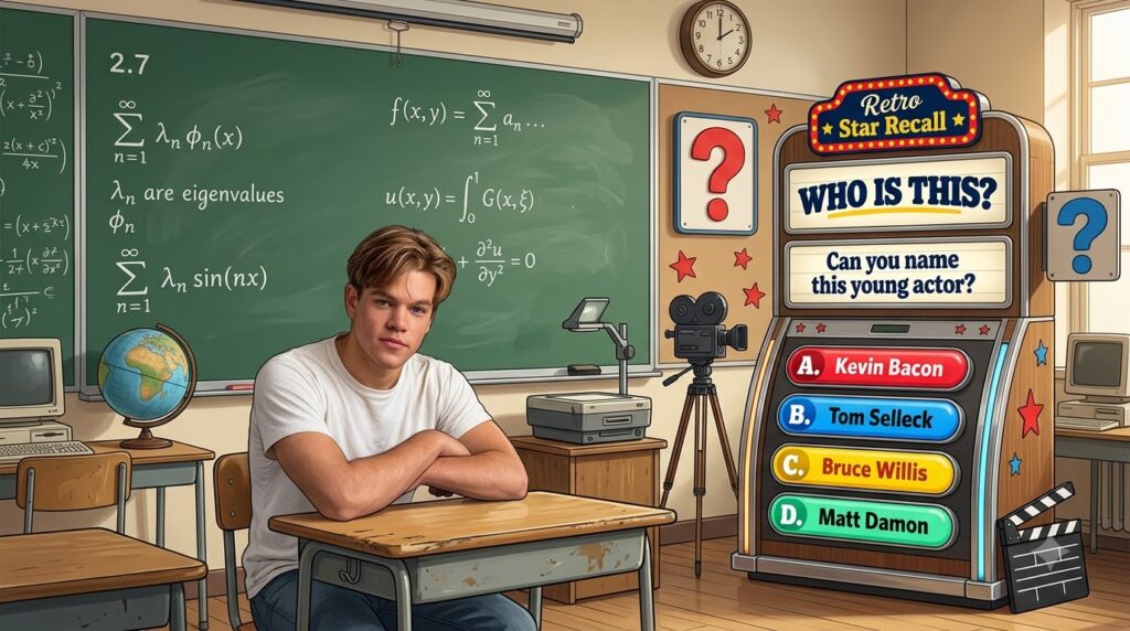Retro-style quiz graphic featuring a young Matt Damon in a rounded frame against mathematical equations with Retro Star