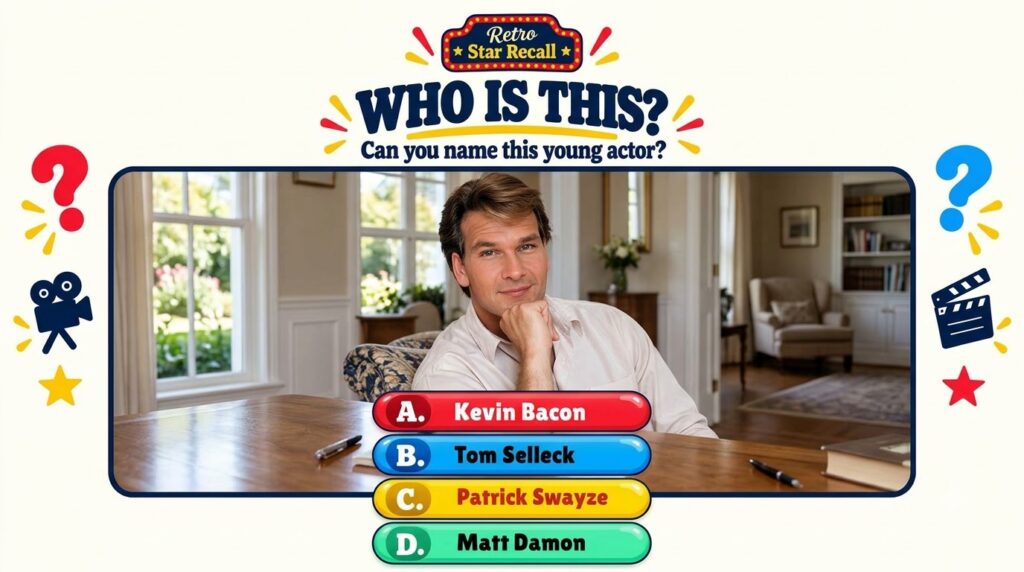 A retro-themed quiz graphic titled Retro Star Recall featuring a smiling headshot of a young male actor Patrick Swayze r